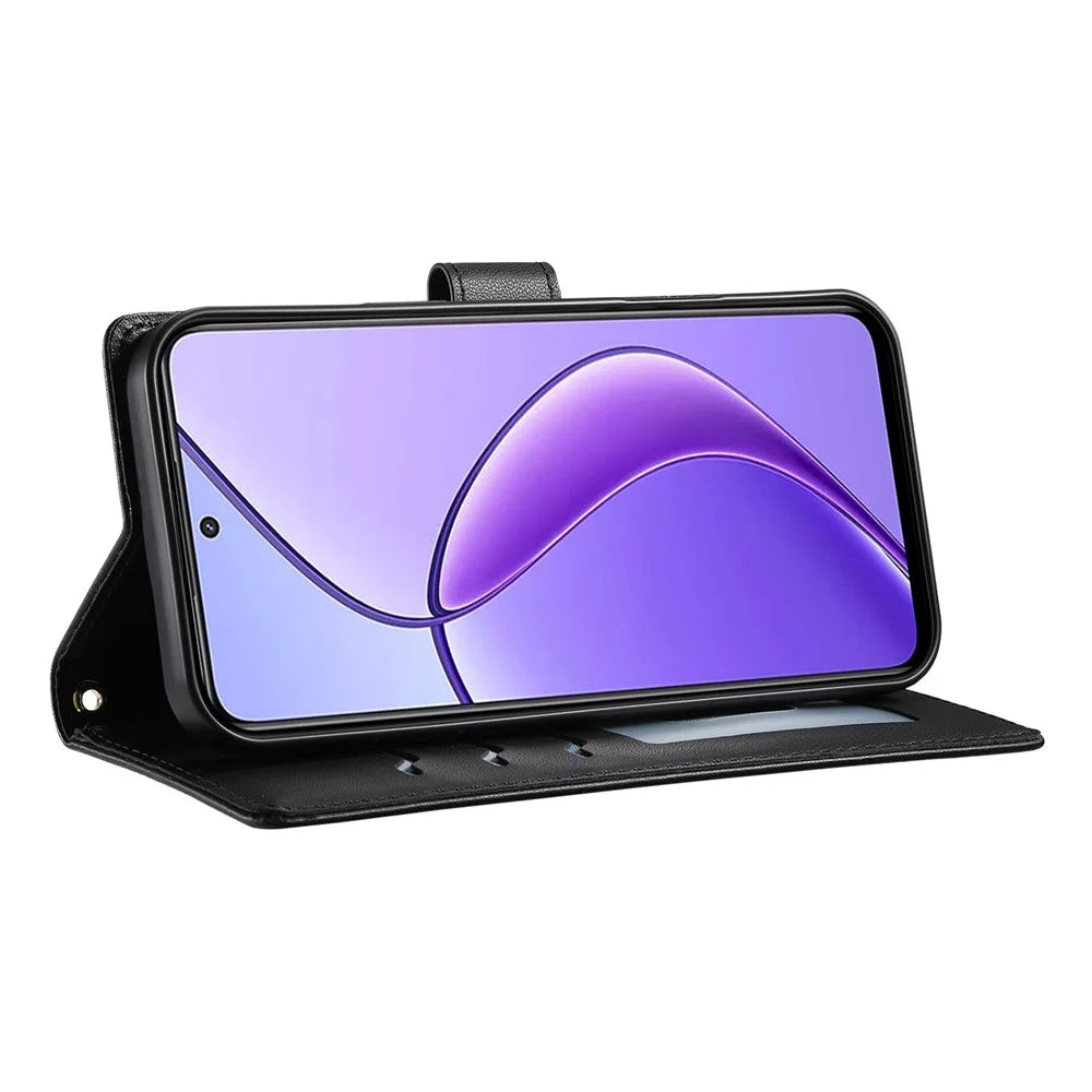 For Realme 14 Pro 5G Case Rhombus Stitching Wallet Stand Leather Phone Cover with Long  /  Short Strap - Black - 2