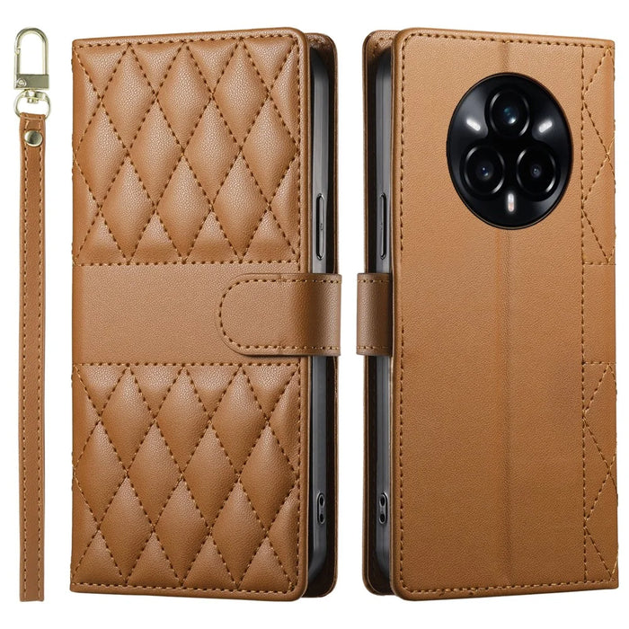 For Realme 14 Pro+ 5G Case Rhombus Stitching Wallet Stand Leather Phone Cover with Long  /  Short Strap - Brown - 1