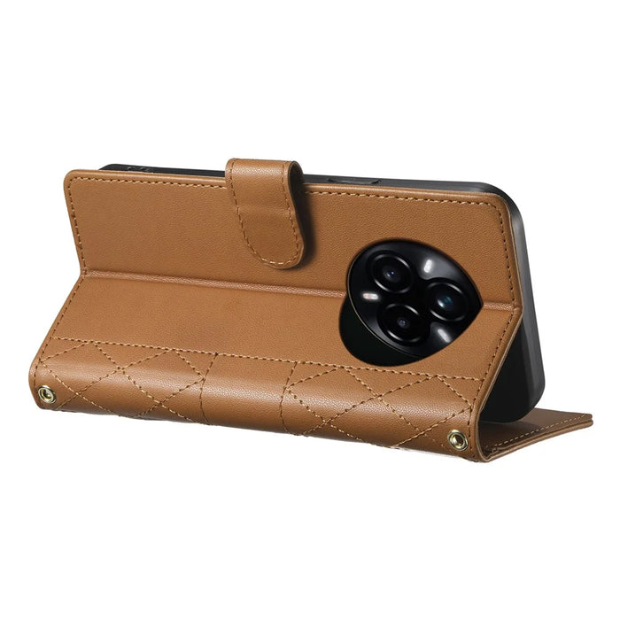 For Realme 14 Pro+ 5G Case Rhombus Stitching Wallet Stand Leather Phone Cover with Long  /  Short Strap - Brown - 3