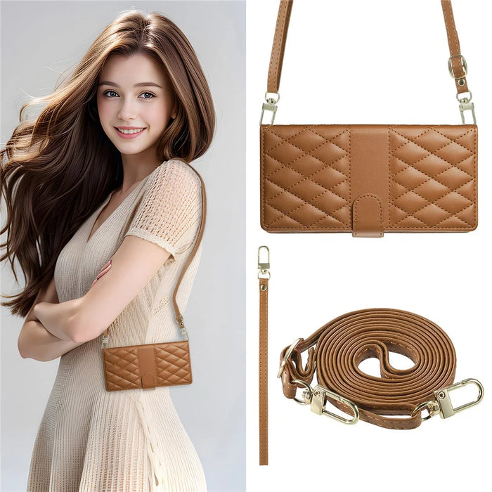 For Realme 14 Pro+ 5G Case Rhombus Stitching Wallet Stand Leather Phone Cover with Long  /  Short Strap - Brown - 5