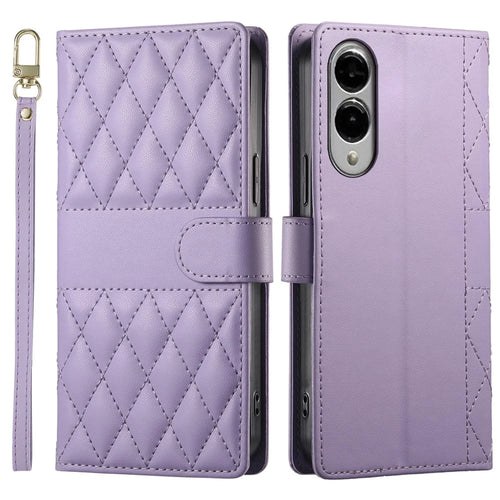 For Samsung Galaxy S25 Edge Case Rhombus Stitching Wallet Stand Leather Phone Cover with Long  /  Short Strap - Purple - 1