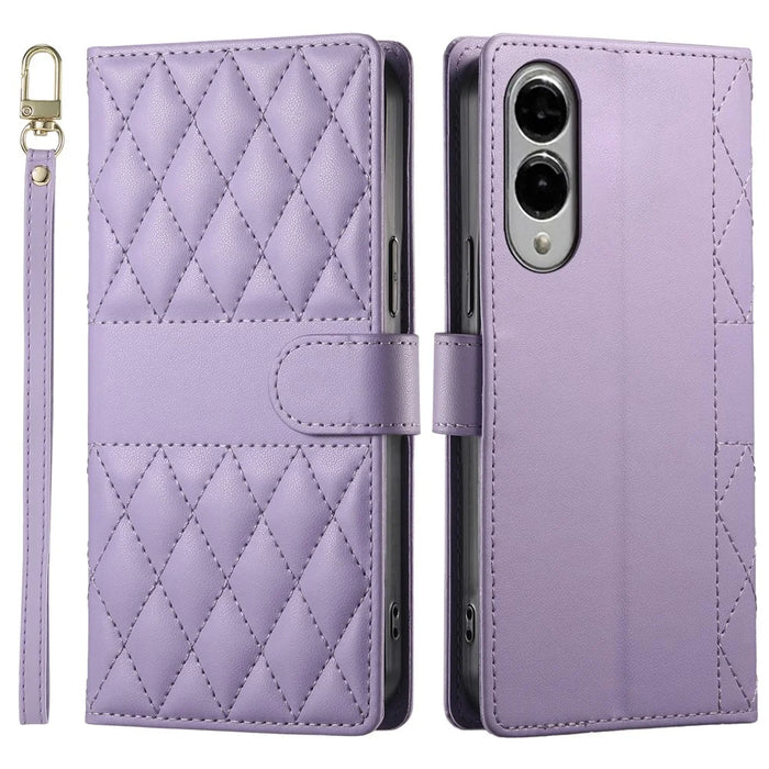 For Samsung Galaxy S25 Edge Case Rhombus Stitching Wallet Stand Leather Phone Cover with Long  /  Short Strap - Purple - 1