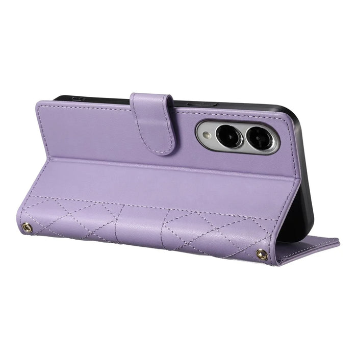 For Samsung Galaxy S25 Edge Case Rhombus Stitching Wallet Stand Leather Phone Cover with Long  /  Short Strap - Purple - 3