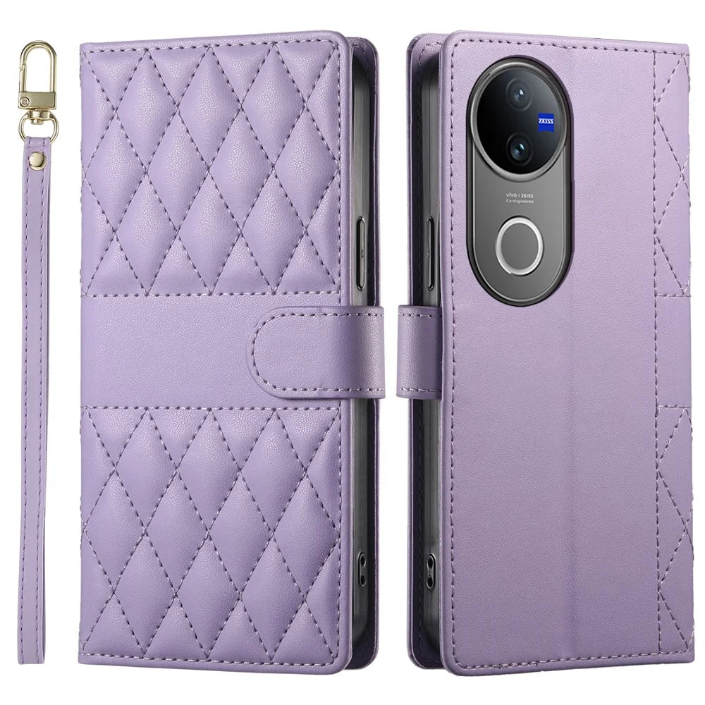 For vivo V50 5G Case Rhombus Stitching Wallet Stand Leather Phone Cover with Long  /  Short Strap - Purple - 1