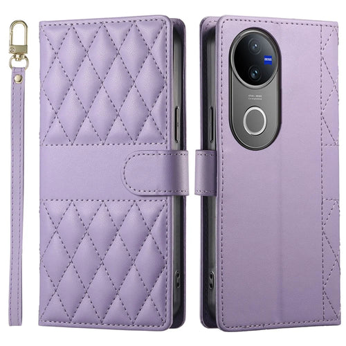 For vivo V50 5G Case Rhombus Stitching Wallet Stand Leather Phone Cover with Long  /  Short Strap - Purple - 1