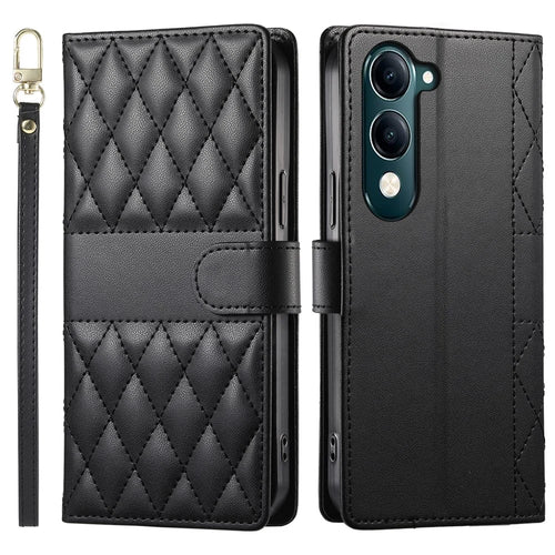 For vivo Y04 4G  /  Y29s 5G Case Rhombus Stitching Wallet Stand Leather Phone Cover with Long  /  Short Strap - Black - 1