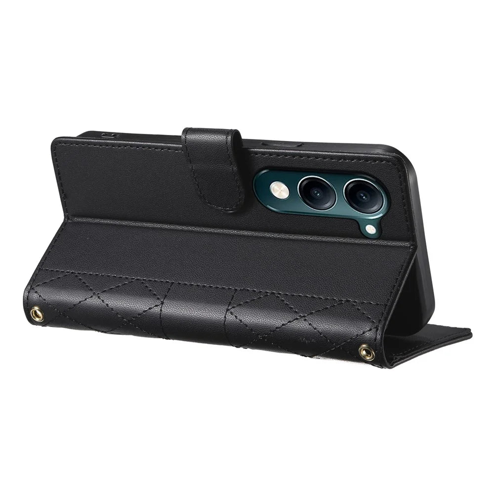 For vivo Y04 4G  /  Y29s 5G Case Rhombus Stitching Wallet Stand Leather Phone Cover with Long  /  Short Strap - Black - 3
