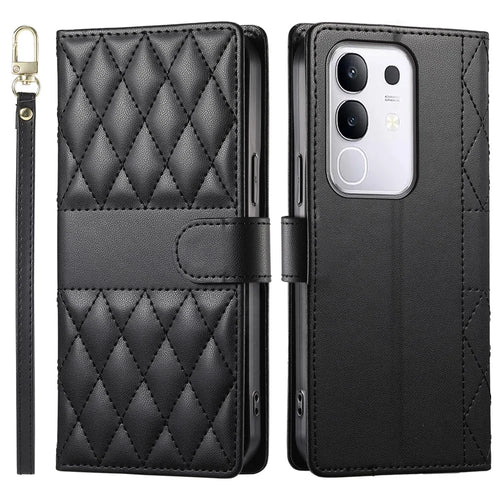 For vivo Y29 4G Case Rhombus Stitching Wallet Stand Leather Phone Cover with Long  /  Short Strap - Black - 1