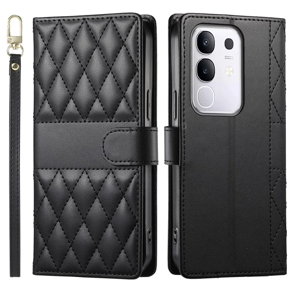 For vivo Y29 4G Case Rhombus Stitching Wallet Stand Leather Phone Cover with Long  /  Short Strap - Black - 1