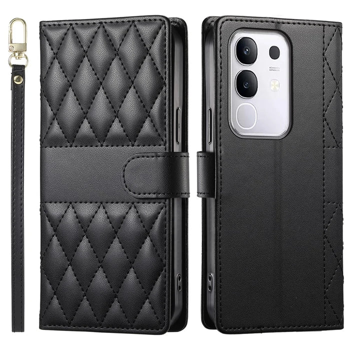 For vivo Y29 4G Case Rhombus Stitching Wallet Stand Leather Phone Cover with Long  /  Short Strap - Black - 1