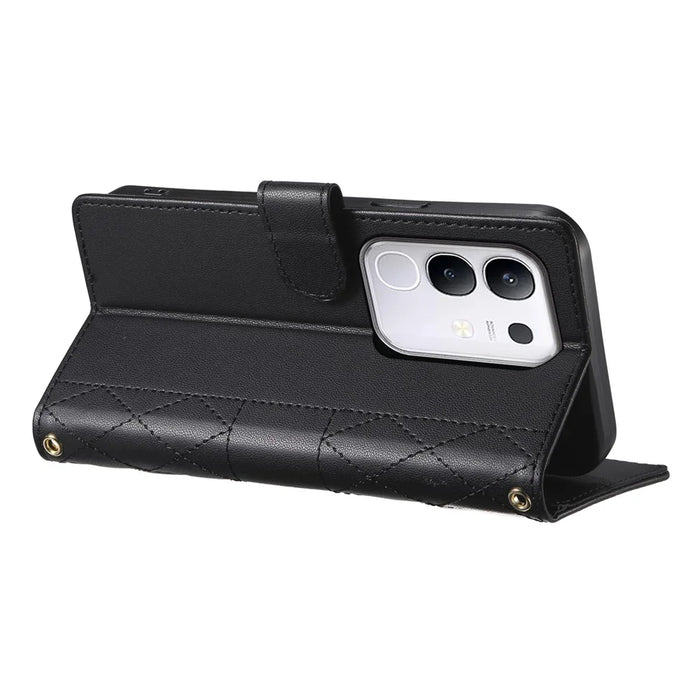 For vivo Y29 4G Case Rhombus Stitching Wallet Stand Leather Phone Cover with Long  /  Short Strap - Black - 3