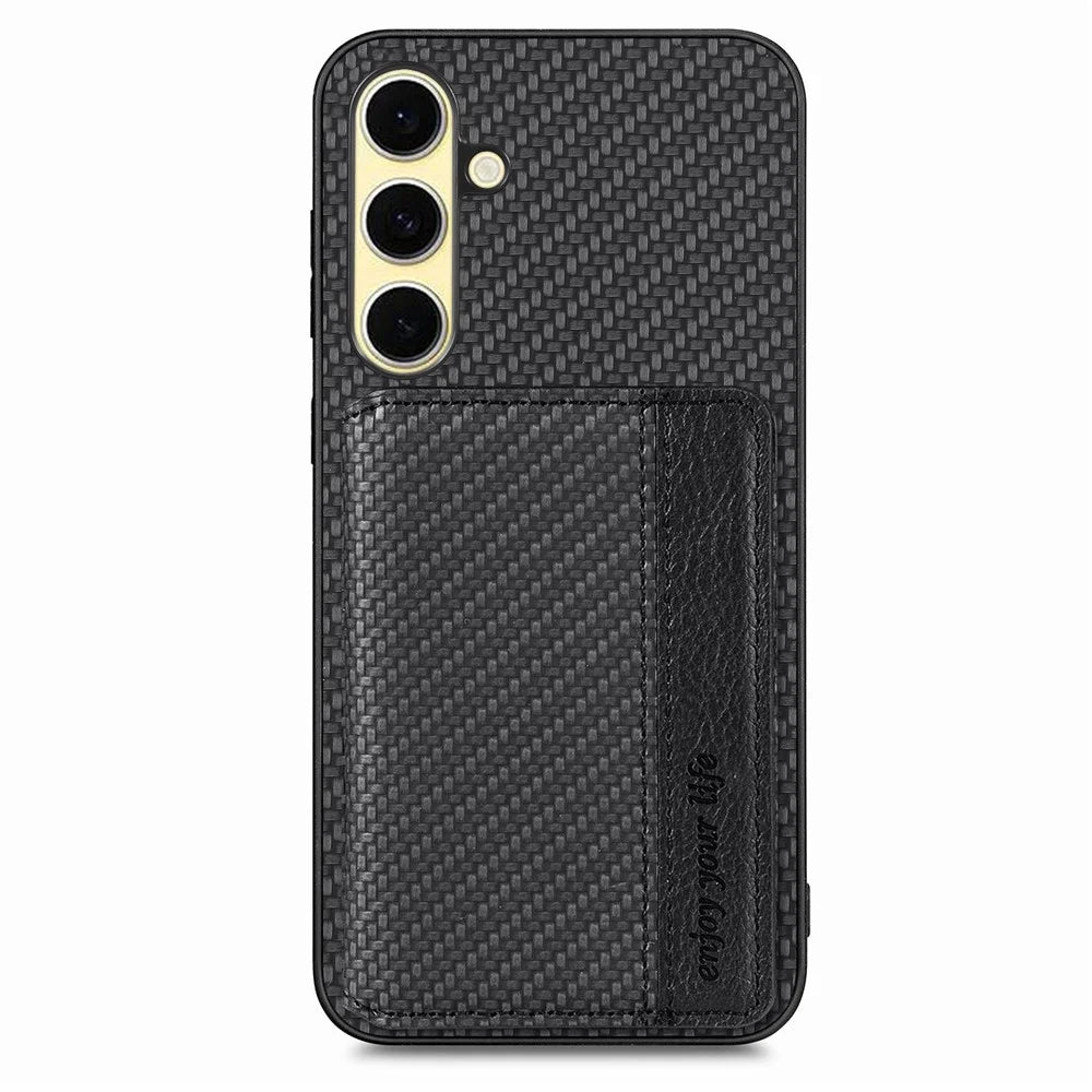 For Samsung Galaxy A26 5G Case RFID Blocking Carbon Fiber Leather Phone Back Cover with Card Holder - Black - 1