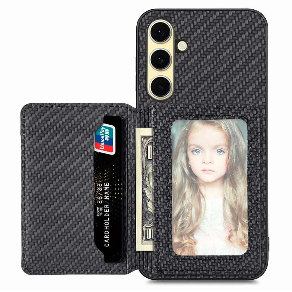 For Samsung Galaxy A26 5G Case RFID Blocking Carbon Fiber Leather Phone Back Cover with Card Holder - Black - 2
