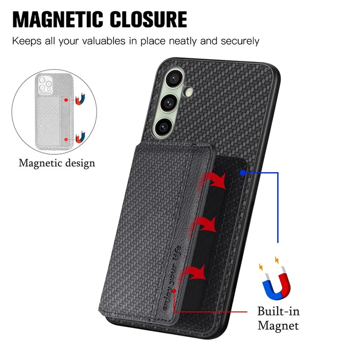 For Samsung Galaxy A56 5G Case RFID Blocking Carbon Fiber Leather Phone Back Cover with Card Holder - Black - 3
