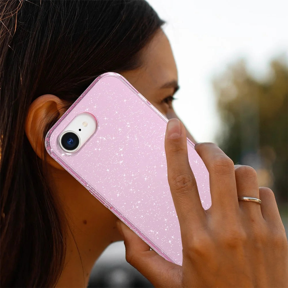 GW18 For iPhone 17e / 16e Case Glitter Powder Decor Clear TPU + PC Shockproof Phone Cover Anti Scratch - Transparent Pink - 5