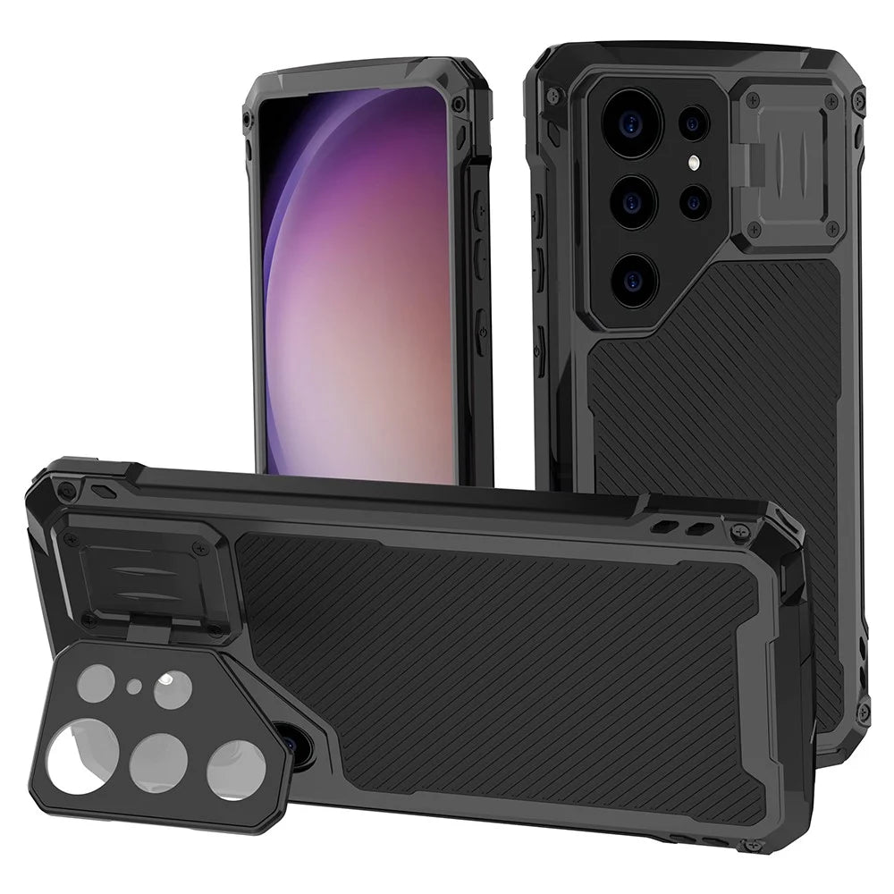 For Samsung Galaxy S24 Ultra Case Aluminum Alloy + Silicone Lens Kickstand Phone Cover with PET Film - Black - 1