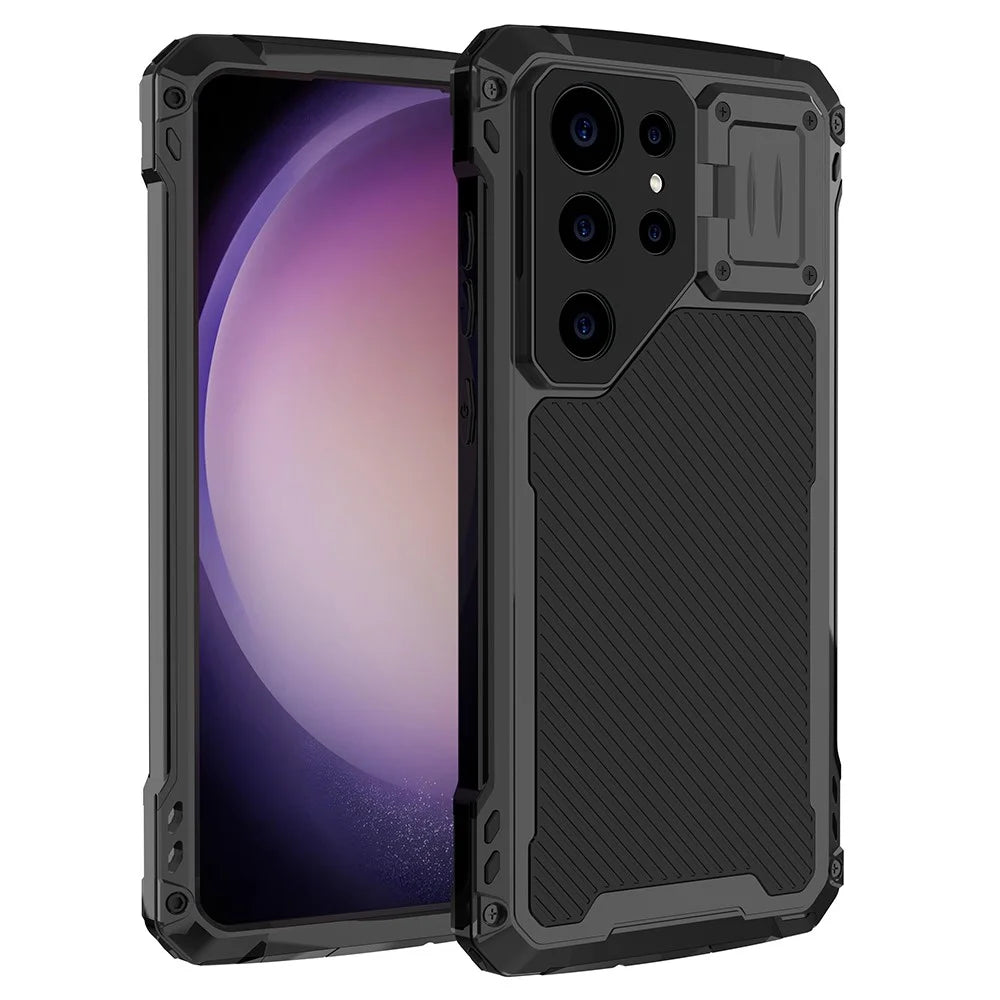 For Samsung Galaxy S24 Ultra Case Aluminum Alloy + Silicone Lens Kickstand Phone Cover with PET Film - Black - 2