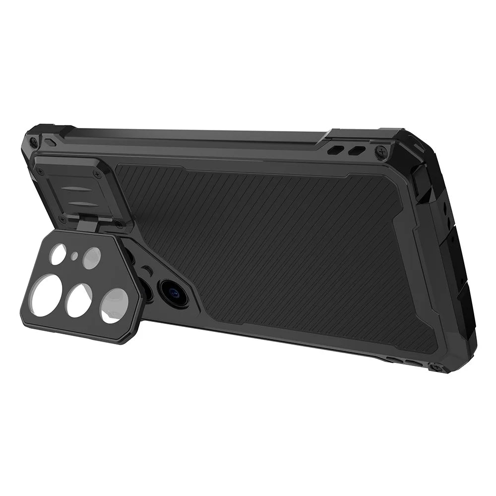 For Samsung Galaxy S24 Ultra Case Aluminum Alloy + Silicone Lens Kickstand Phone Cover with PET Film - Black - 3