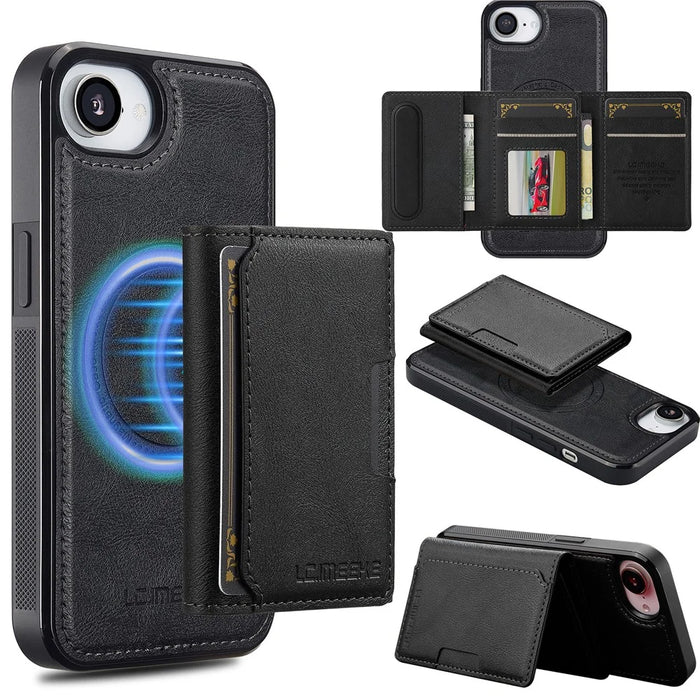 LC.IMEEKE L5 For iPhone 17e / 16e Magnetic Phone Case Leather Back Cover with Detachable Card Holder - Black - 1
