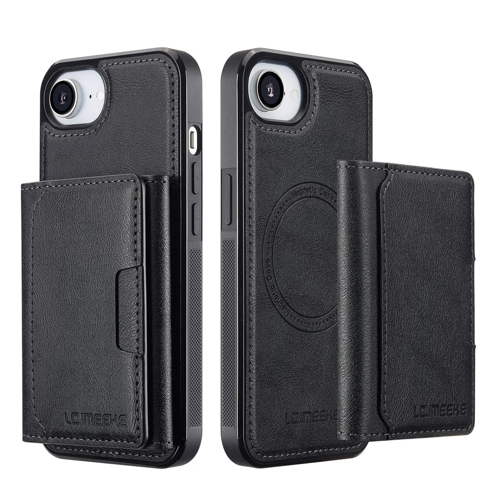 LC.IMEEKE L5 For iPhone 17e / 16e Magnetic Phone Case Leather Back Cover with Detachable Card Holder - Black - 2