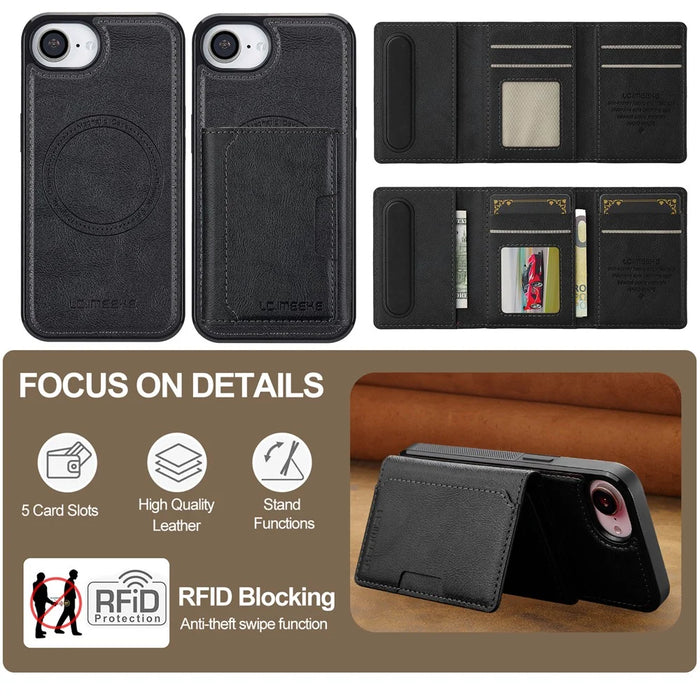 LC.IMEEKE L5 For iPhone 17e / 16e Magnetic Phone Case Leather Back Cover with Detachable Card Holder - Black - 3
