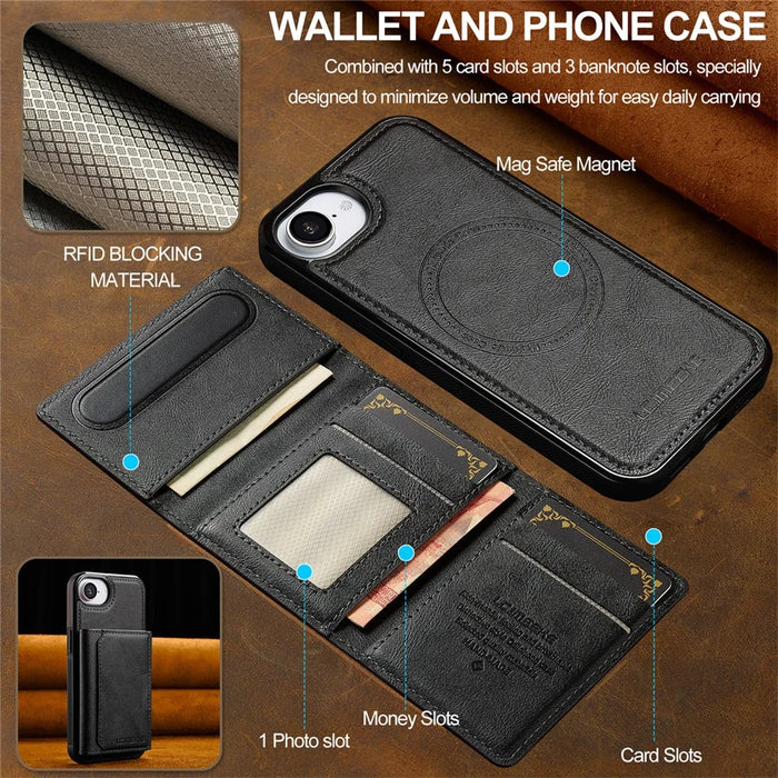 LC.IMEEKE L5 For iPhone 17e / 16e Magnetic Phone Case Leather Back Cover with Detachable Card Holder - Black - 5