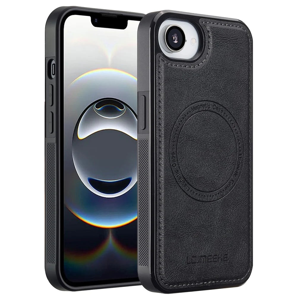 LC.IMEEKE For iPhone 17e / 16e Magnetic Case Compatible with MagSafe Leather+TPU Back Cover - Black - 1
