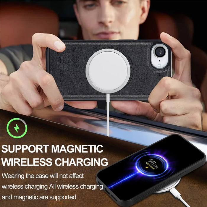 LC.IMEEKE For iPhone 17e / 16e Magnetic Case Compatible with MagSafe Leather+TPU Back Cover - Black - 5