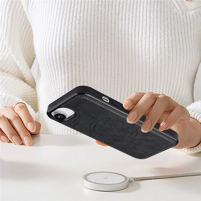 LC.IMEEKE For iPhone 17e / 16e Magnetic Case Compatible with MagSafe Leather+TPU Back Cover - Black - 7