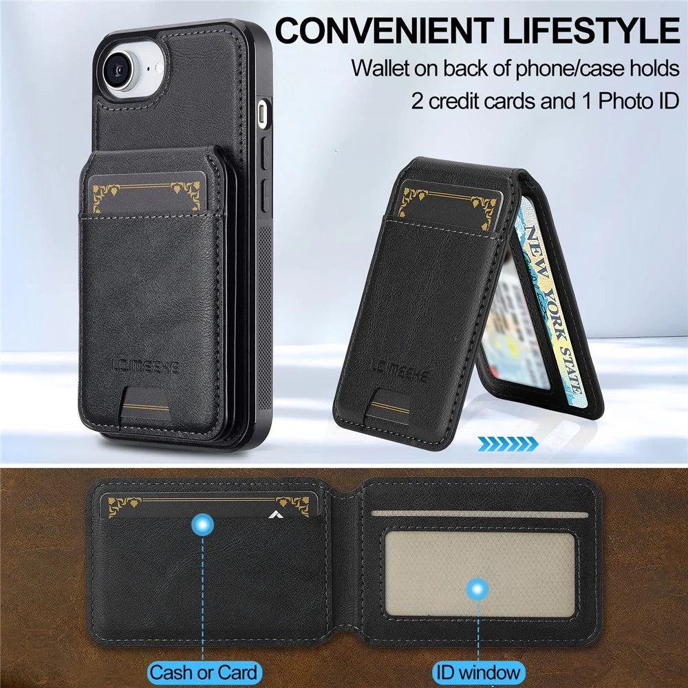 LC.IMEEKE L3 For iPhone 17e / 16e Magnetic Case Detachable Card Holder Leather TPU Mobile Cover - Black - 6