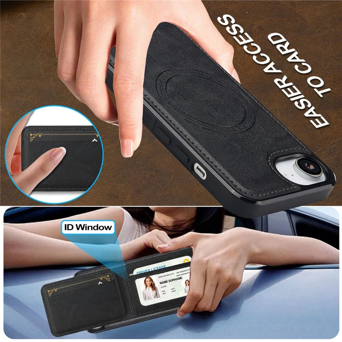 LC.IMEEKE L3 For iPhone 17e / 16e Magnetic Case Detachable Card Holder Leather TPU Mobile Cover - Black - 7