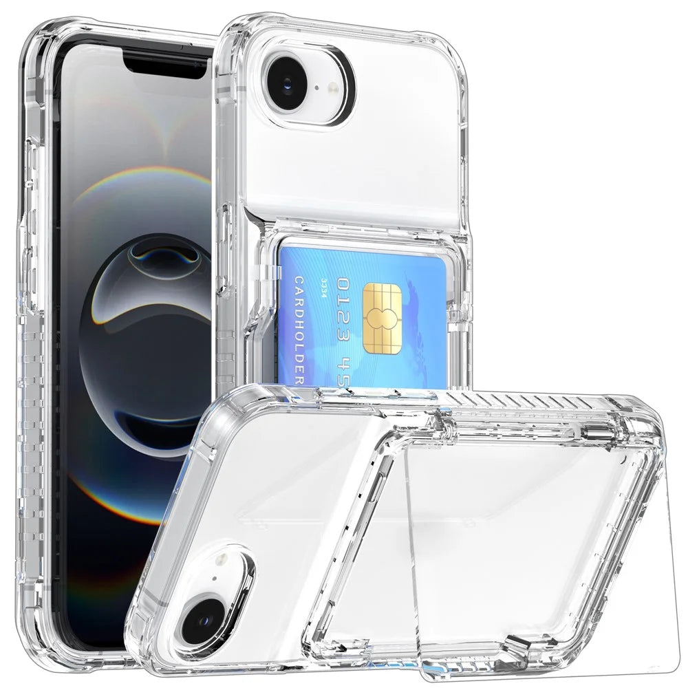For iPhone 17e / 16e Clear Case PC + TPU Phone Cover Card Holder Kickstand - Transparent - 1