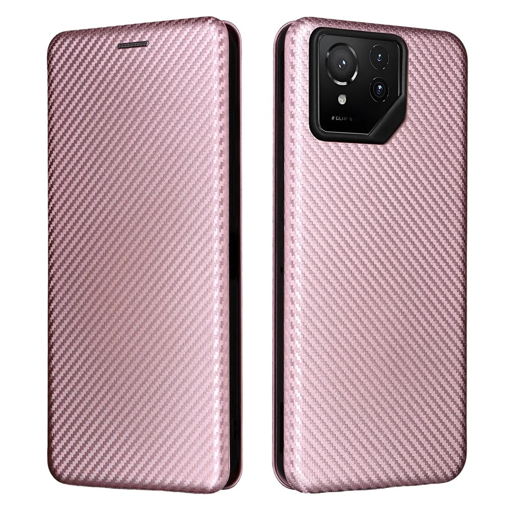 For Asus ROG Phone 9 5G Case Carbon Fiber Texture Drop-Proof PU Leather Phone Cover - Rose Gold - 1