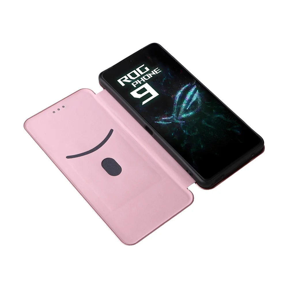 For Asus ROG Phone 9 5G Case Carbon Fiber Texture Drop-Proof PU Leather Phone Cover - Rose Gold - 2