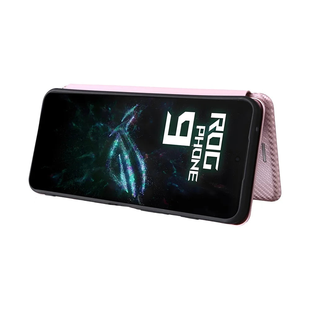 For Asus ROG Phone 9 5G Case Carbon Fiber Texture Drop-Proof PU Leather Phone Cover - Rose Gold - 3