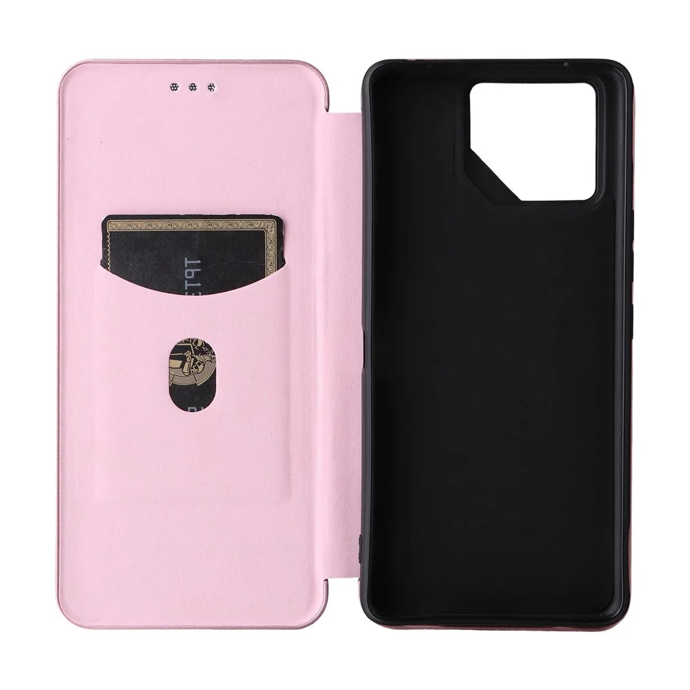 For Asus ROG Phone 9 5G Case Carbon Fiber Texture Drop-Proof PU Leather Phone Cover - Rose Gold - 4