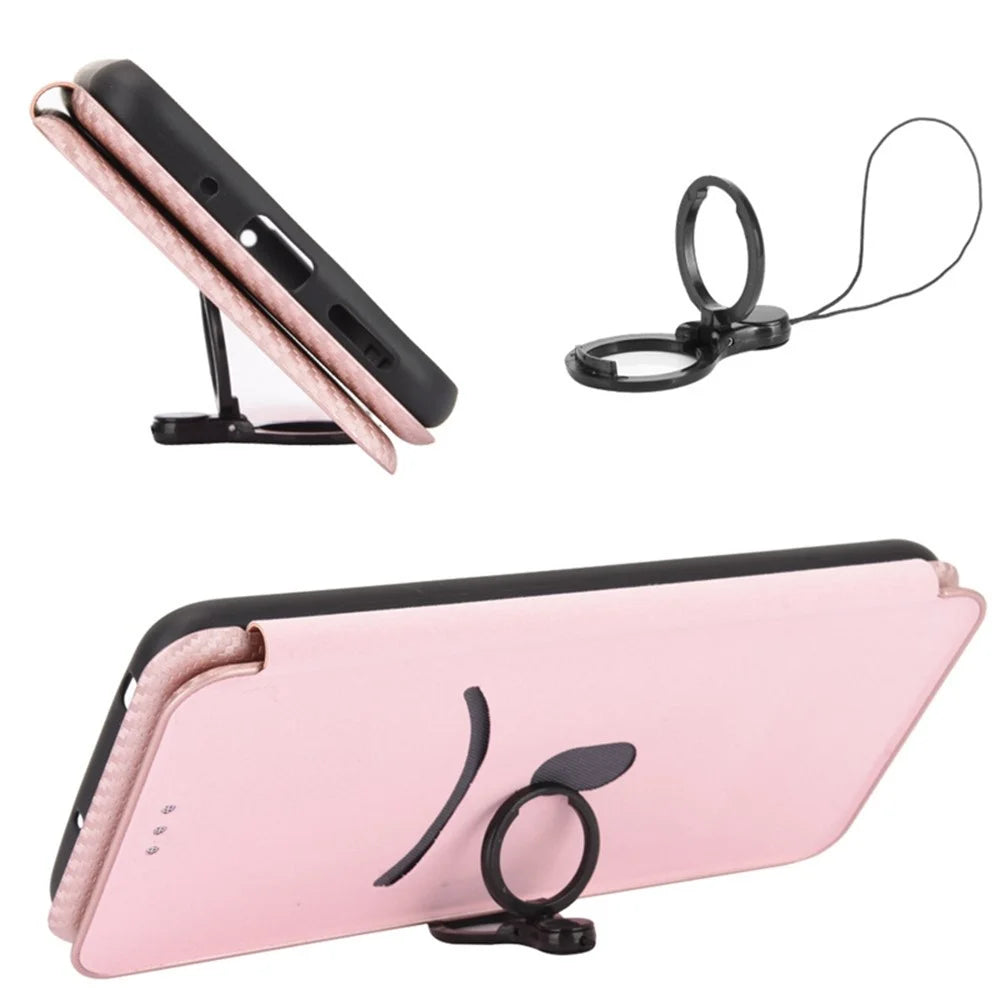 For Asus ROG Phone 9 5G Case Carbon Fiber Texture Drop-Proof PU Leather Phone Cover - Rose Gold - 5