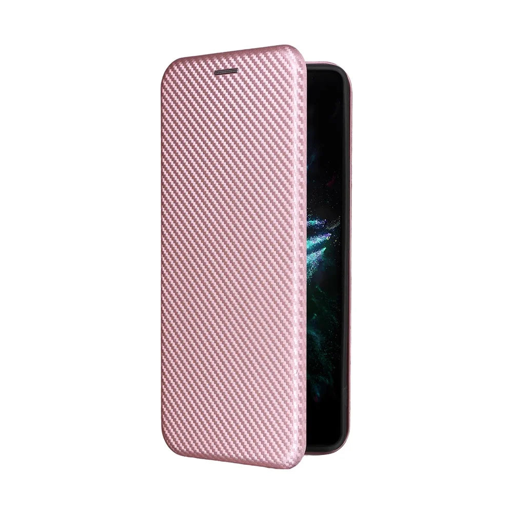 For Asus ROG Phone 9 5G Case Carbon Fiber Texture Drop-Proof PU Leather Phone Cover - Rose Gold - 7