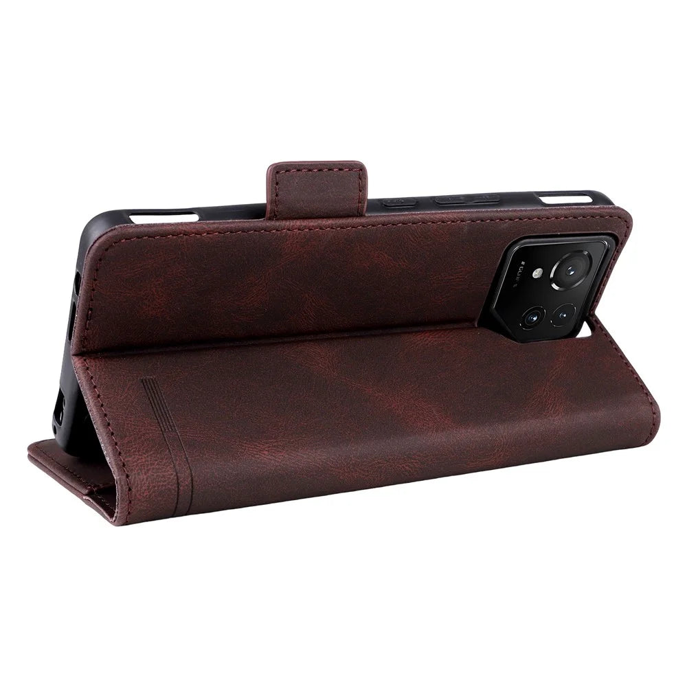 For Asus ROG Phone 9 5G Case Leather Wallet Flip Phone Cover with Hardware Decor - Coffee - 4