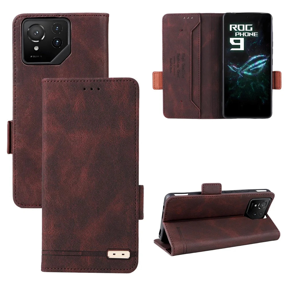 For Asus ROG Phone 9 5G Case Leather Wallet Flip Phone Cover with Hardware Decor - Coffee - 6