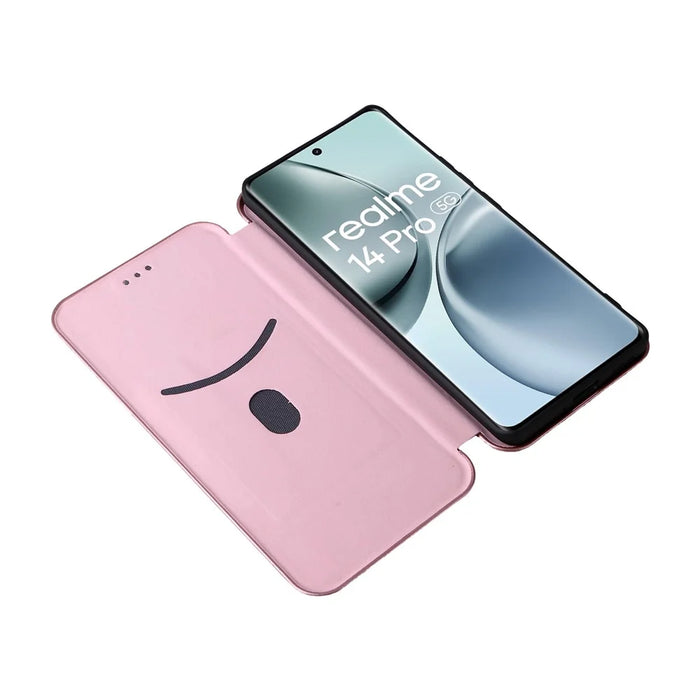 For Realme 14 Pro 5G Case Carbon Fiber Texture Drop-Proof PU Leather Phone Cover - Rose Gold - 2