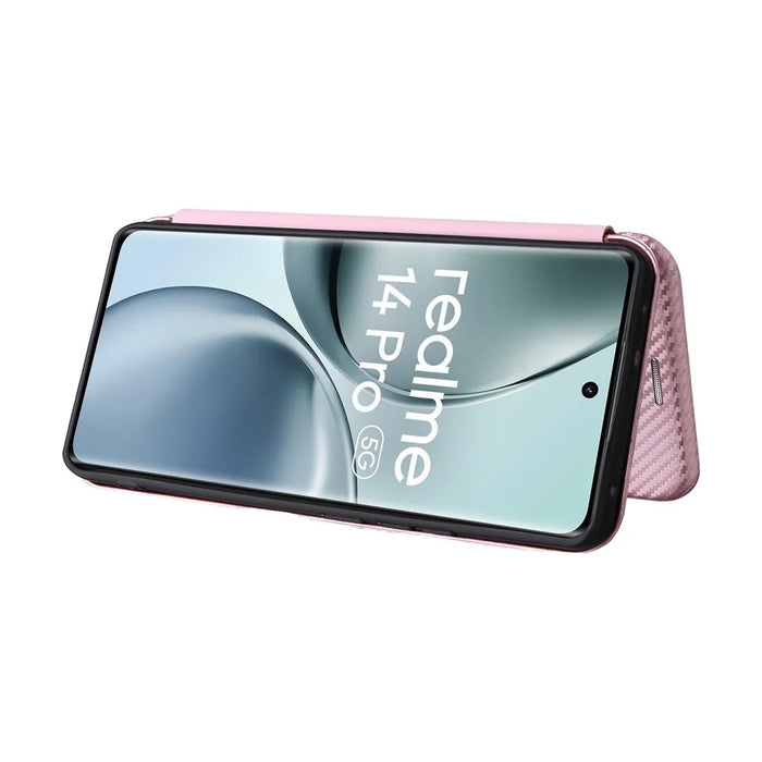 For Realme 14 Pro 5G Case Carbon Fiber Texture Drop-Proof PU Leather Phone Cover - Rose Gold - 3
