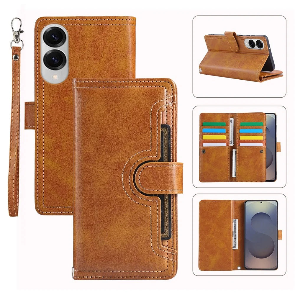 For Samsung Galaxy S25 Edge Case Split Leather Magnetic Wallet Phone Protector with Wrist Strap - Brown - 1