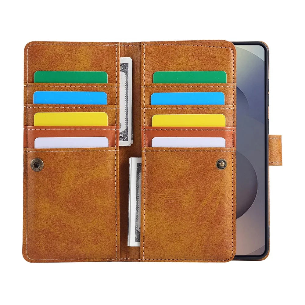For Samsung Galaxy S25 Edge Case Split Leather Magnetic Wallet Phone Protector with Wrist Strap - Brown - 2