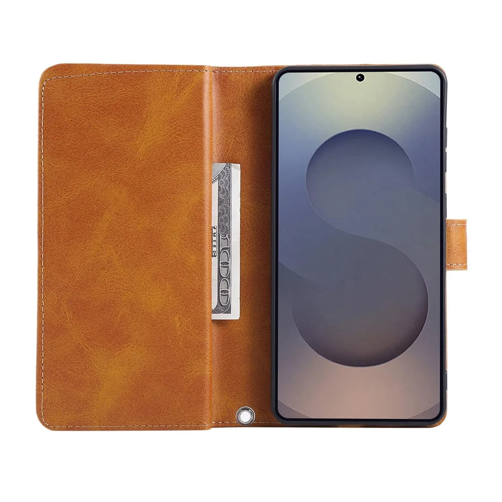 For Samsung Galaxy S25 Edge Case Split Leather Magnetic Wallet Phone Protector with Wrist Strap - Brown - 3