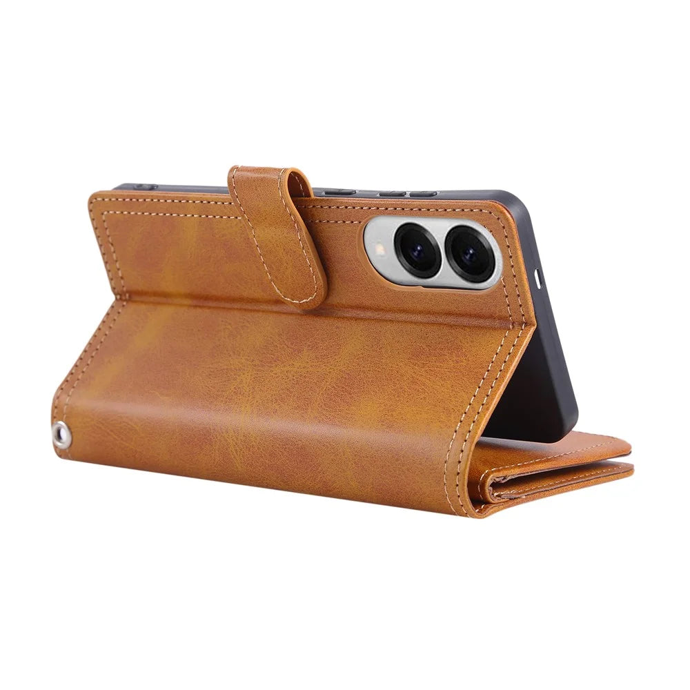 For Samsung Galaxy S25 Edge Case Split Leather Magnetic Wallet Phone Protector with Wrist Strap - Brown - 4