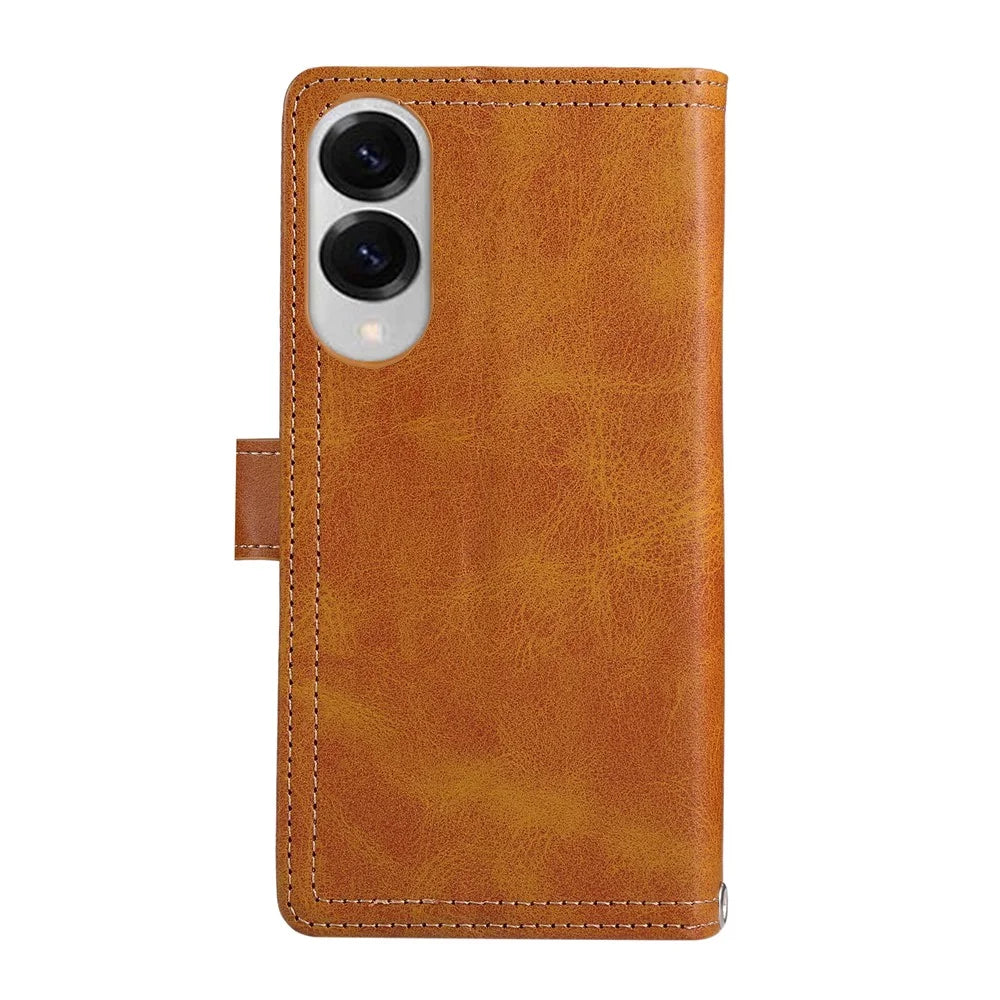 For Samsung Galaxy S25 Edge Case Split Leather Magnetic Wallet Phone Protector with Wrist Strap - Brown - 6