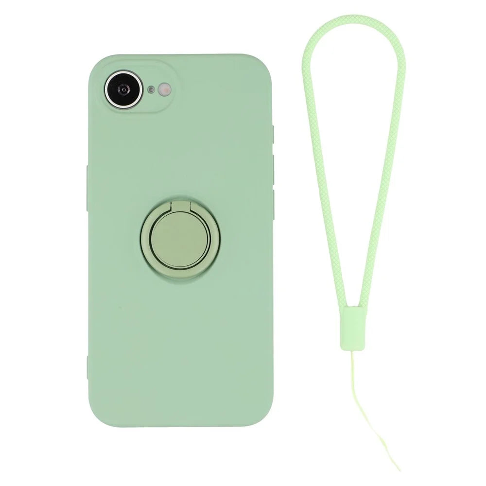 For iPhone 17e / 16e Silicone Case with Strap Ring Kickstand Phone Cover - Green - 1