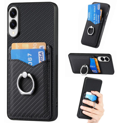For Samsung Galaxy S25 Edge Case Card Slots Ring Holder Kickstand Phone Cover - Black - 1