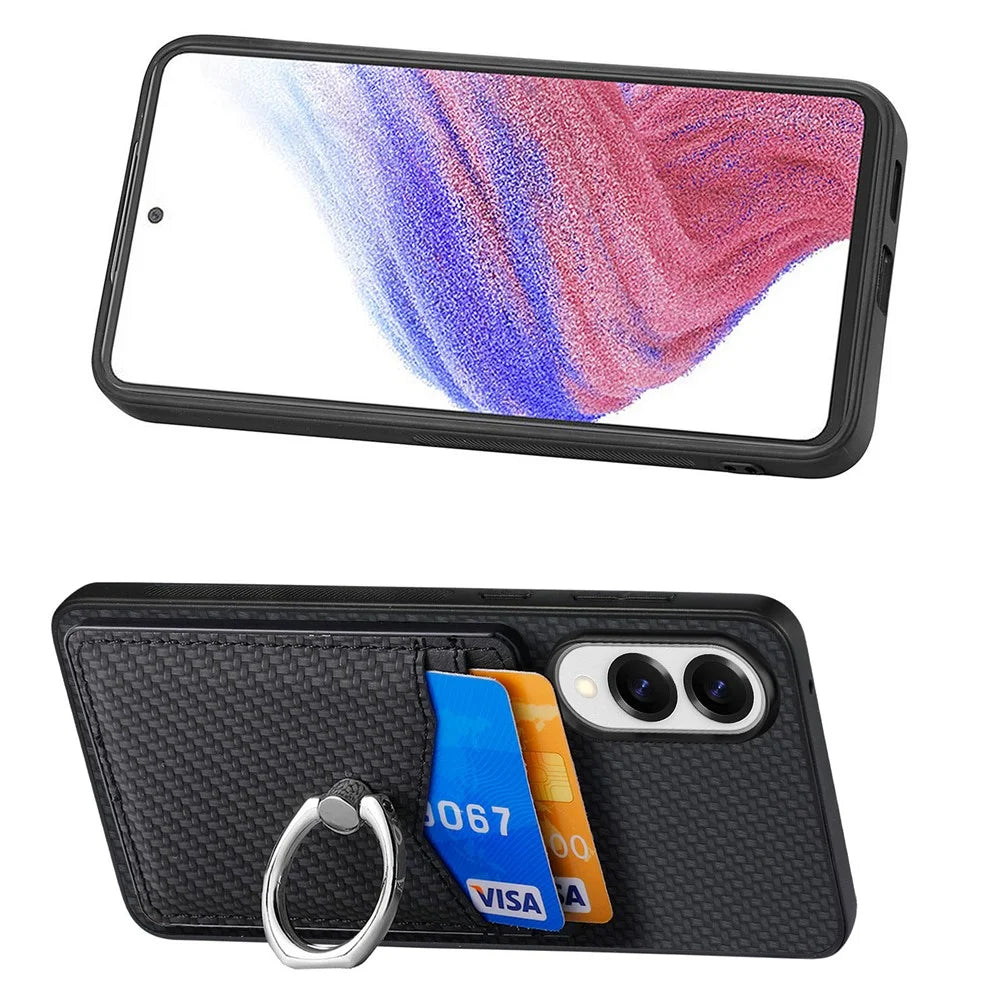 For Samsung Galaxy S25 Edge Case Card Slots Ring Holder Kickstand Phone Cover - Black - 4